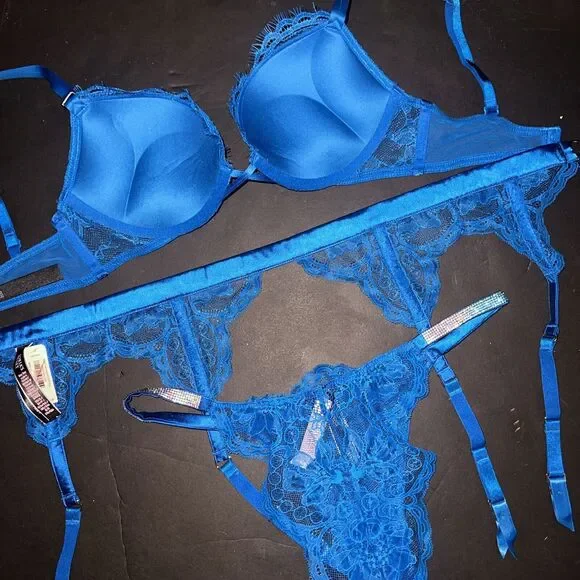Victoria's Secret 32A,32B,32C BOMBSHELL BRA SET+GARTER NEON BLUE SHINE STRAP